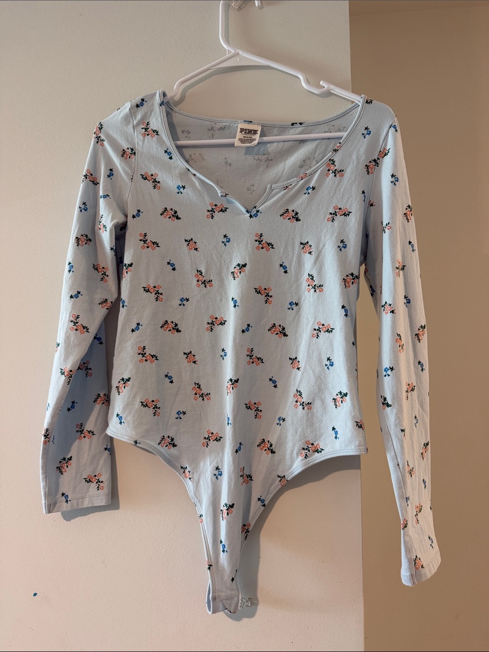 PINK Victoria's Secret Light Blue Floral Long-Sleeve Bodysuit
